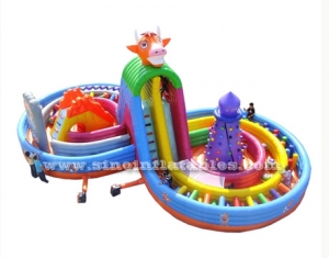 inflatable fun park with high slide and curve obstacle course
