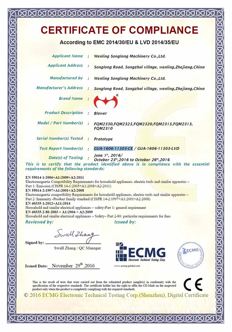 CE certificate for our inflatable blowers