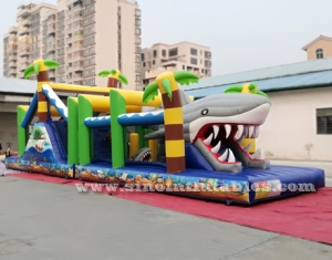 kids inflatable shark slide with obstacles