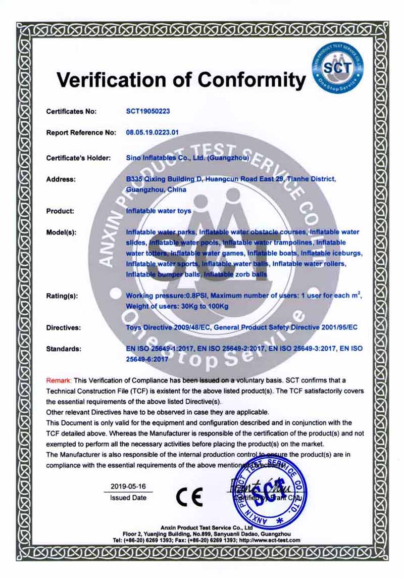 EN25649 certificate for inflatable water games